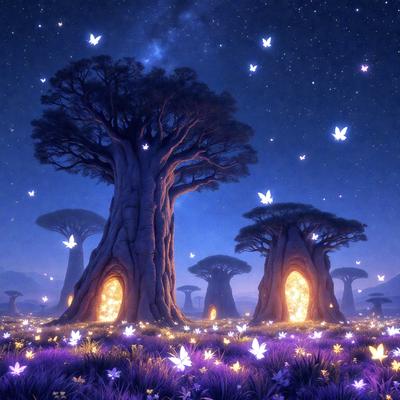 The primary subject of the image is a group of trees with butterflies flying around them. The setting is a nighttime forest with a purple hue, creating a serene and magical atmosphere. The visual style is a digital art, which adds a sense of depth and realism to the scene. The colors and mood are predominantly purple, which adds to the mystical and enchanting ambiance of the image.